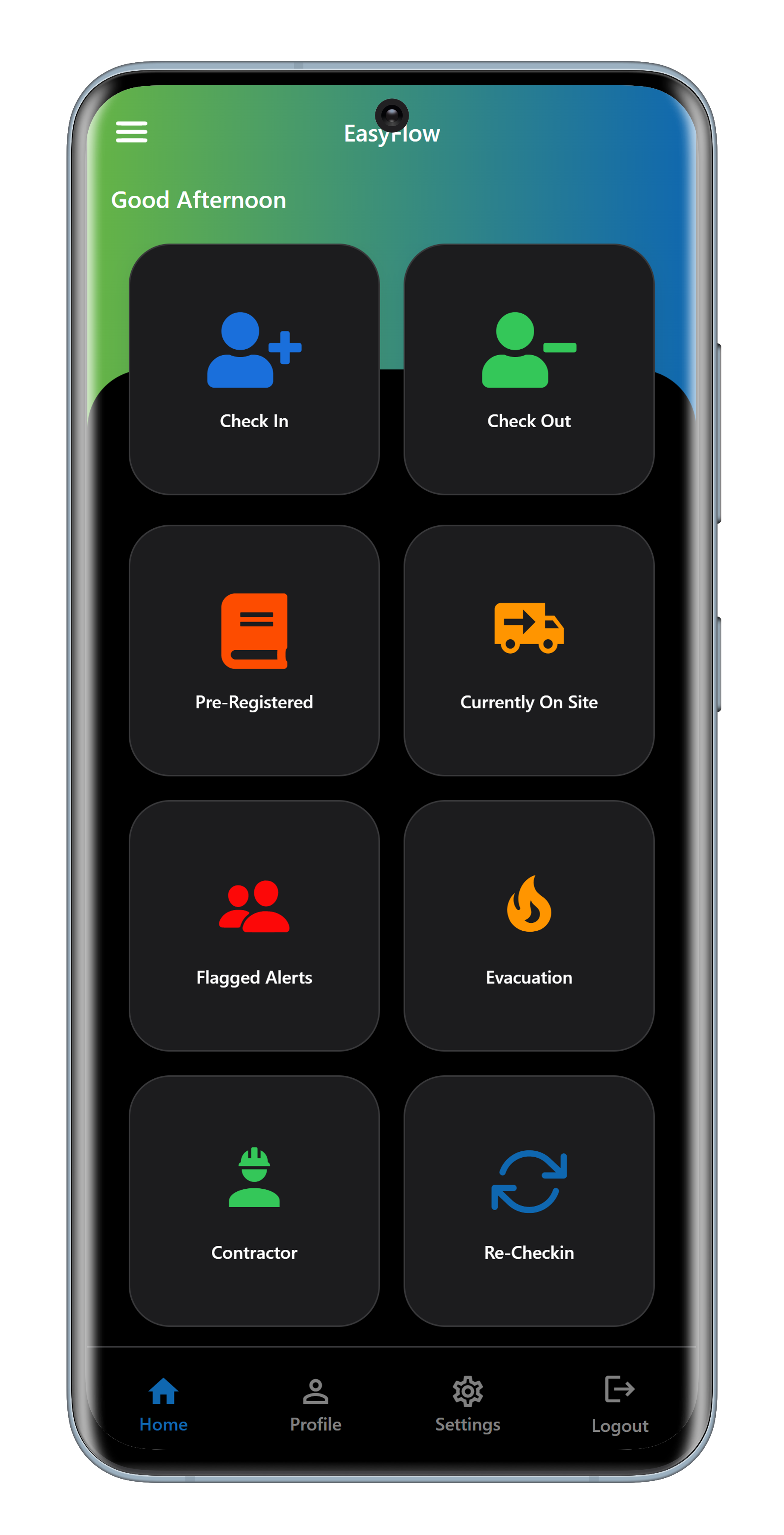 Mgeni VMS dark mobile home screen