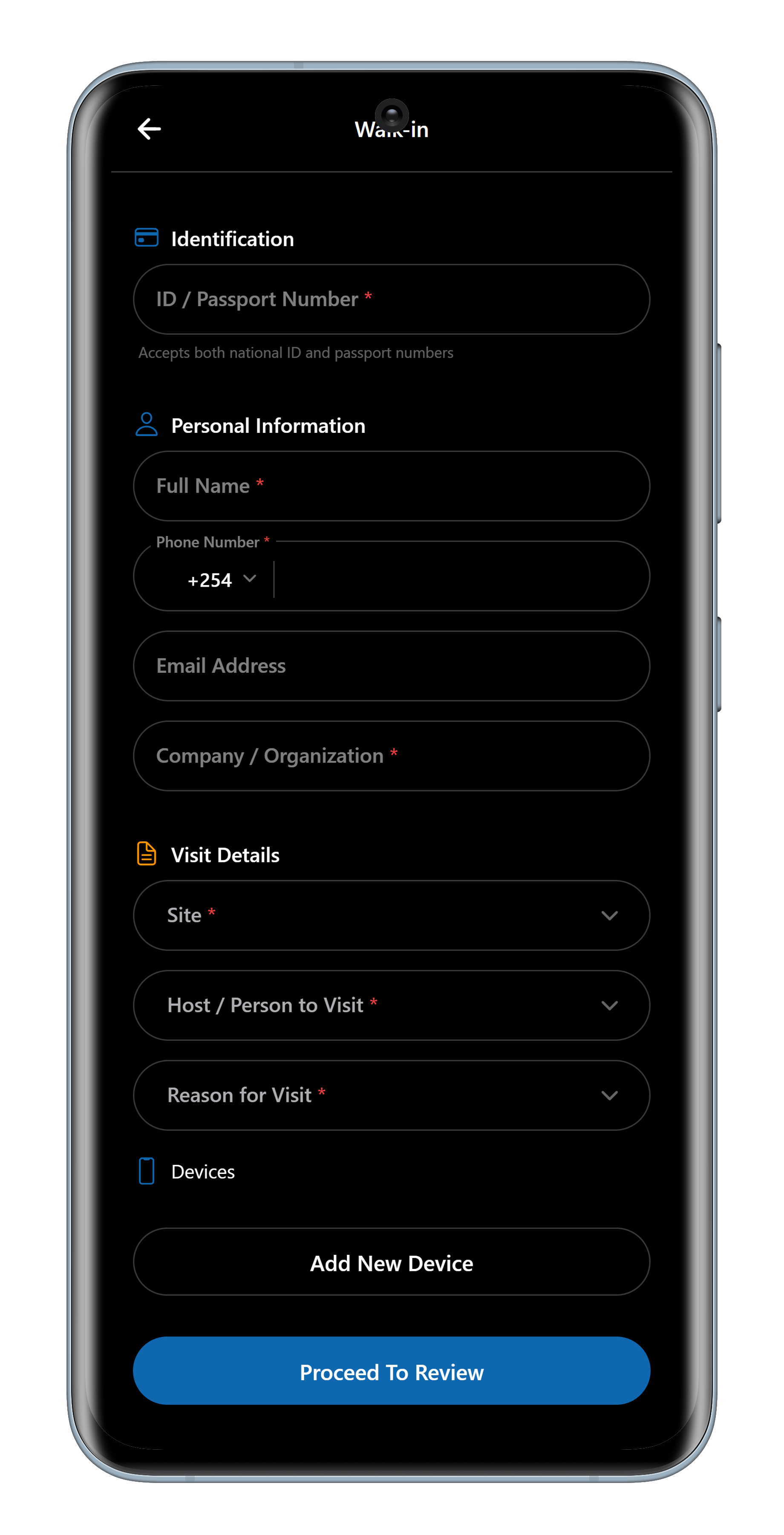 Mgeni VMS walk-in visitor form on mobile